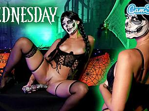 Horny Wednesday Addams Quivers in Dildo Orgasm Halloween Cosplay