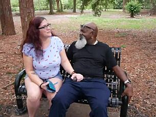 Nerdy Milf Grips and Sucks Massive Black Cock Outdoors Publicly
