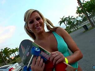 Blonde skater strips clothes off for hard pussy pounding!