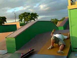 Blonde skater strips clothes off for hard pussy pounding!