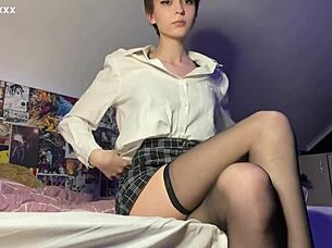 Skinny brunette teases shaved pussy to intense orgasm