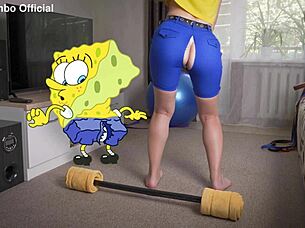 spongebob parody rips athletic gym shorts exposing tight ass