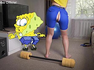 spongebob parody rips athletic gym shorts exposing tight ass