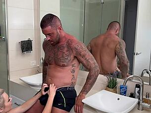 petite tattooed amateur blonde slurps monster cock bent over for creampie