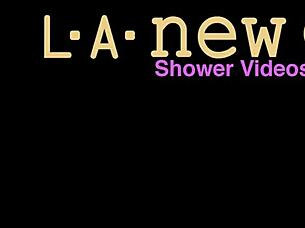 Stunning golden-haired model takes refreshing shower