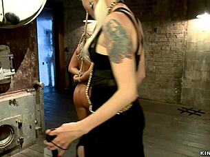 tall lezdom mistress whips bound slave into choking submission