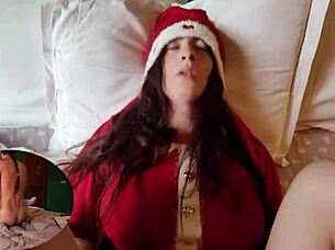 sexy santa unboxes young hairy pussy cum treat