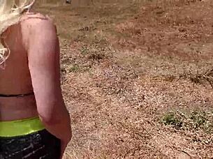 Chubby blonde sneaks off for secret outdoor creampie fun