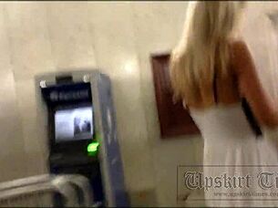 you spying hot blonde's upskirt under her skirt?