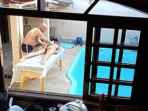 Poolside Massage Turns into Oiled Handjob, Blowjob, and Wet Pussy Spreading