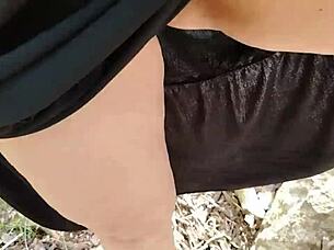 two hot babes flashing their big tits and asses on public garden street