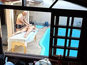 Poolside Massage Turns into Oiled Handjob, Blowjob, and Wet Pussy Spreading