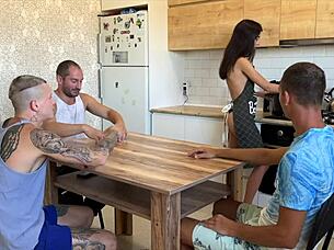 he lost his tight 18+ wife in cards and fucked her pussy triple creampie style on kitchen table