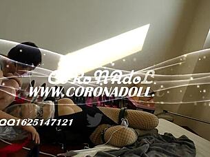 doll plays self-bondage in latex catsuit outdoors