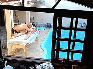 Poolside Massage Turns into Oiled Handjob, Blowjob, and Wet Pussy Spreading