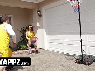 Stepmoms dominate stepsons after basketball with cock beating orgy