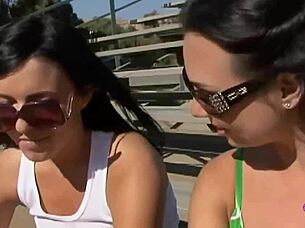 lesbian skater trails brunette home for anal toy fun