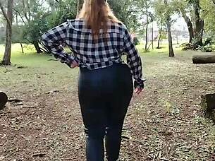 two hot babes flashing their big tits and asses on public garden street