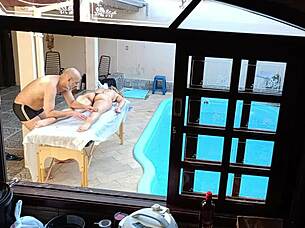 Poolside Massage Turns into Oiled Handjob, Blowjob, and Wet Pussy Spreading
