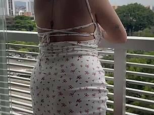 playing on balcony neighbor spies wet pussy squirting