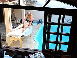 Poolside Massage Turns into Oiled Handjob, Blowjob, and Wet Pussy Spreading