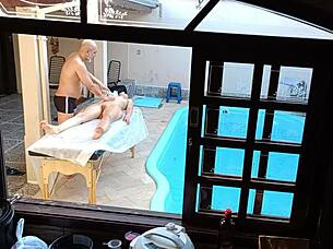Poolside Massage Turns into Oiled Handjob, Blowjob, and Wet Pussy Spreading