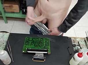 Unleashing monster cumshot explosion on client's fuck machine