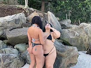 friends reunite on beach for public lesbian pussy licking