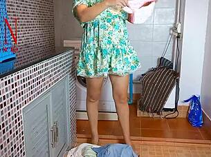 curvy housewife dominated pussy licked fucked in washing machine