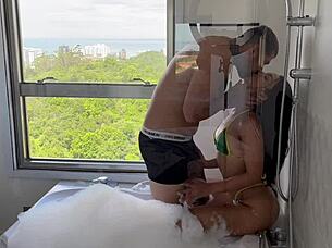 Perfect tourist babe rides cowgirl in jacuzzi