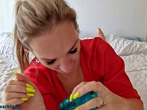 cute big boobed milf moans loud using dildo vibrator on wet pussy closeup