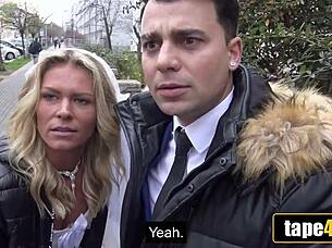 Tanned blonde bride rides debt collector's cock while cuckold husband watches furious