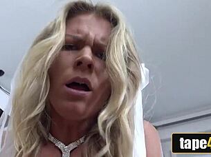 Tanned blonde bride rides debt collector's cock while cuckold husband watches furious