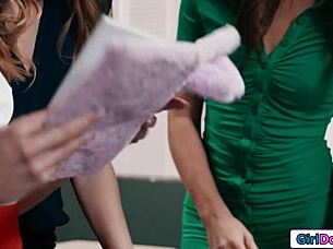 three lesbian teachers strap on anal dp classroom fuck