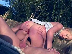 Naughty Blonde's Tight Asshole Stretched Outdoors!