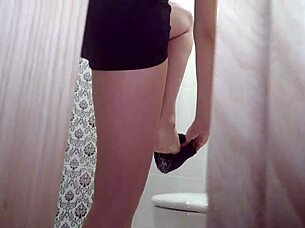 voyeur catches skirt girl in toilet, rips clothes for upskirt creampie fuck