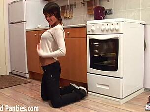 Skinny Milf Struggles in Tight Ripped Jeans Striptease