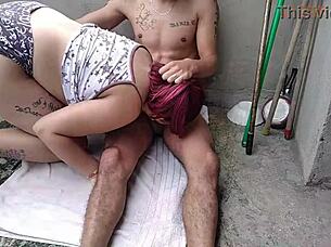 i sneaked into my neighbor's house hid to watch her ass washing clothes she caught me and we went crazy fucking in her yard