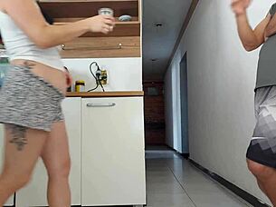 risky kitchen fuck with hubby's friend while he showers