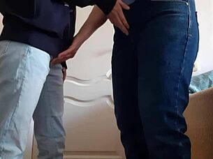 Teacher seduces student for mutual masturbation in tight jeans.