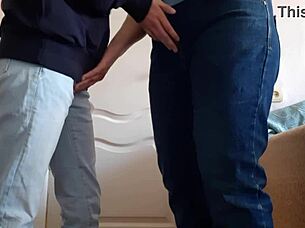 Teacher seduces student for mutual masturbation in tight jeans.