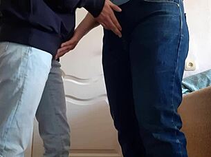 Teacher seduces student for mutual masturbation in tight jeans.