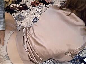 french amateur milf in satin lingerie takes doggystyle creampie rimjob