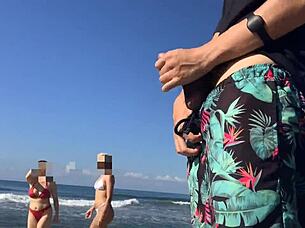 i flash my cock on public beach and score double milf handjob prize