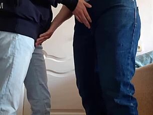 Teacher seduces student for mutual masturbation in tight jeans.