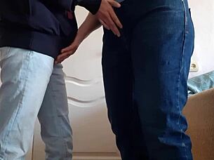 Teacher seduces student for mutual masturbation in tight jeans.