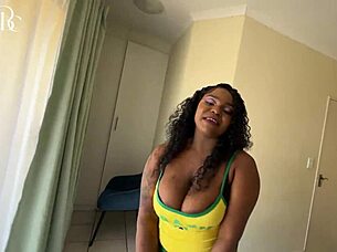 Busty ebony babe fucked through hole in booty shorts