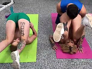 Personal trainer pounds sexy milf and teen 18+ hard in gym threesome frenzy