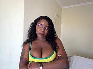 Busty ebony babe fucked through hole in booty shorts