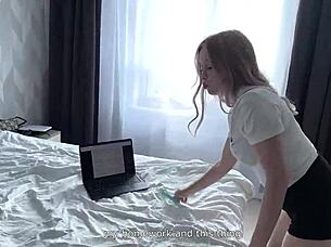 Naughty girl begs for toy help before tight pussy creampie